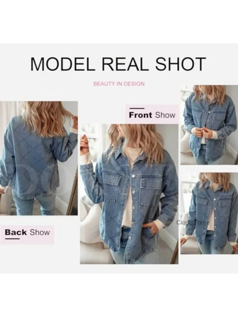 Oversized Denim Shacket Jacket with Pockets Long Sleeve Button Down